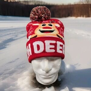 LED Light Up Christmas Winter Beanie Adult Red Oh‎ Deer Giggling Get Up OSFM New